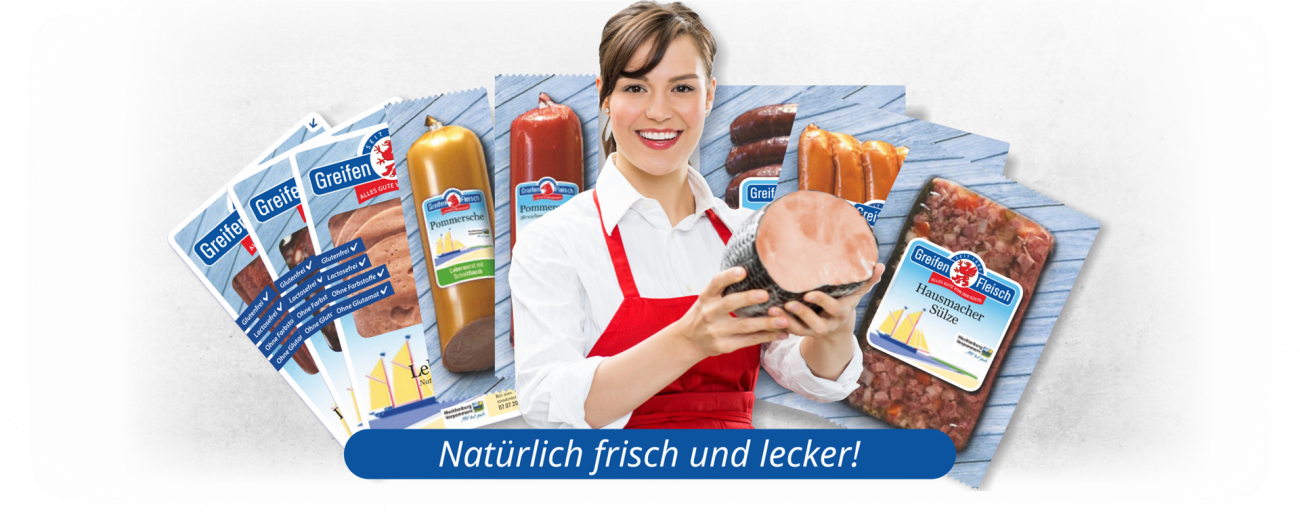 Greifenfleischprodukte mit Fleischereifachverkäuferin